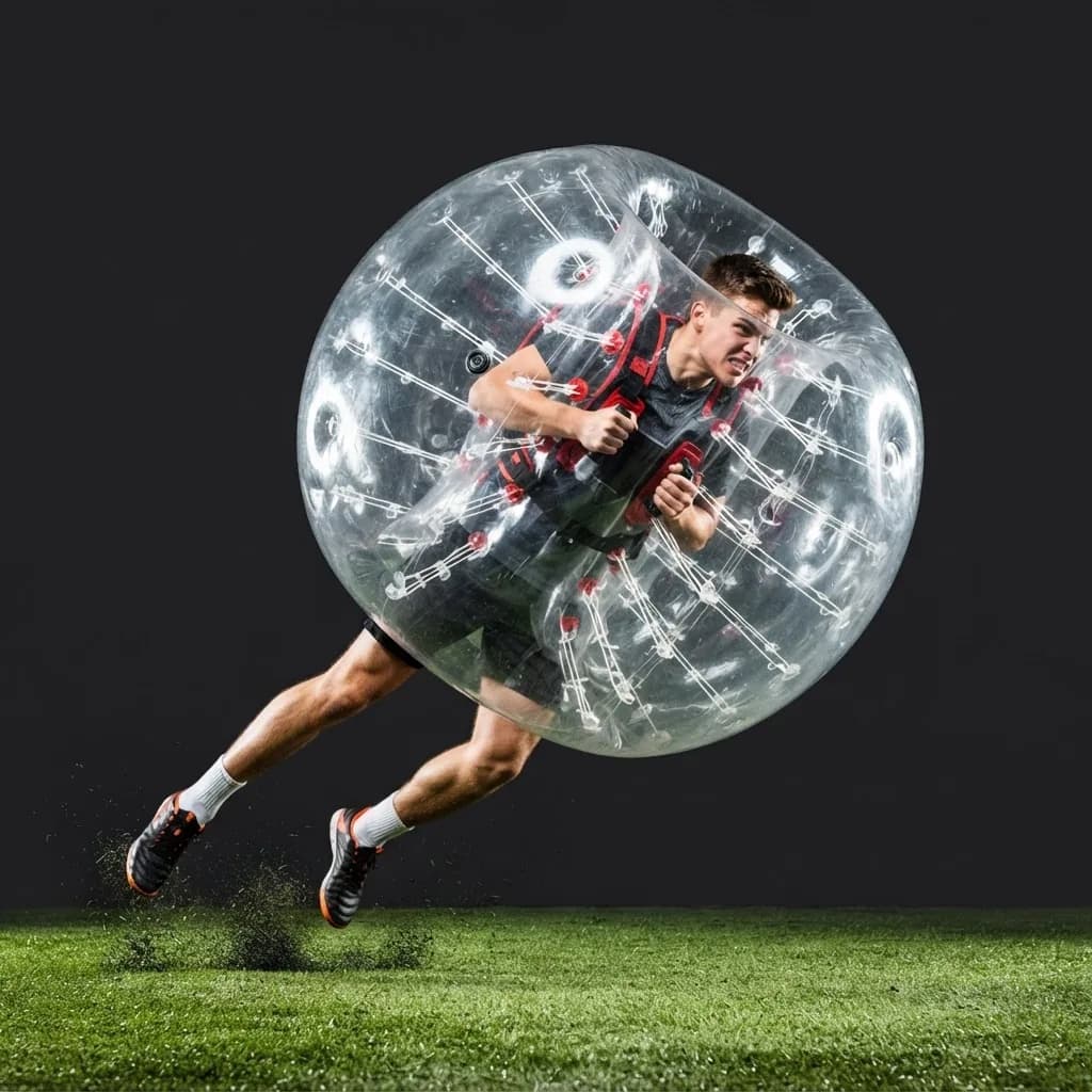 A player in a transparent inflatable bubble suit sprinting across a grass field